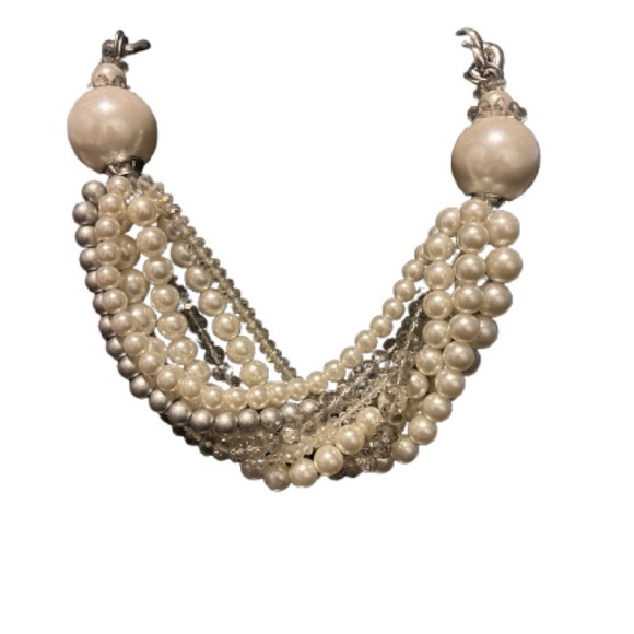 Chunky Faux Pearl, Crystal & Stainless Steel Statement Necklace - Picture 2 of 9